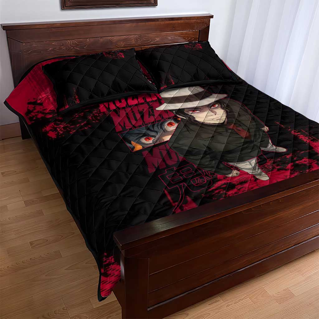 Muzan Kibutsuji Demon Slayer Red Grunge Design Quilt Bed Set with Intense Eyes and Hat Outfit Pose - The Mazicc