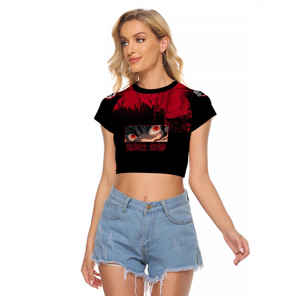 Muzan Kibutsuji Demon Slayer Red Grunge Design Raglan Cropped T Shirt with Intense Eyes and Hat Outfit Pose - The Mazicc