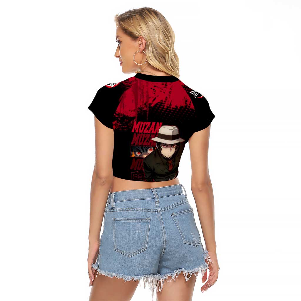 Muzan Kibutsuji Demon Slayer Red Grunge Design Raglan Cropped T Shirt with Intense Eyes and Hat Outfit Pose - The Mazicc