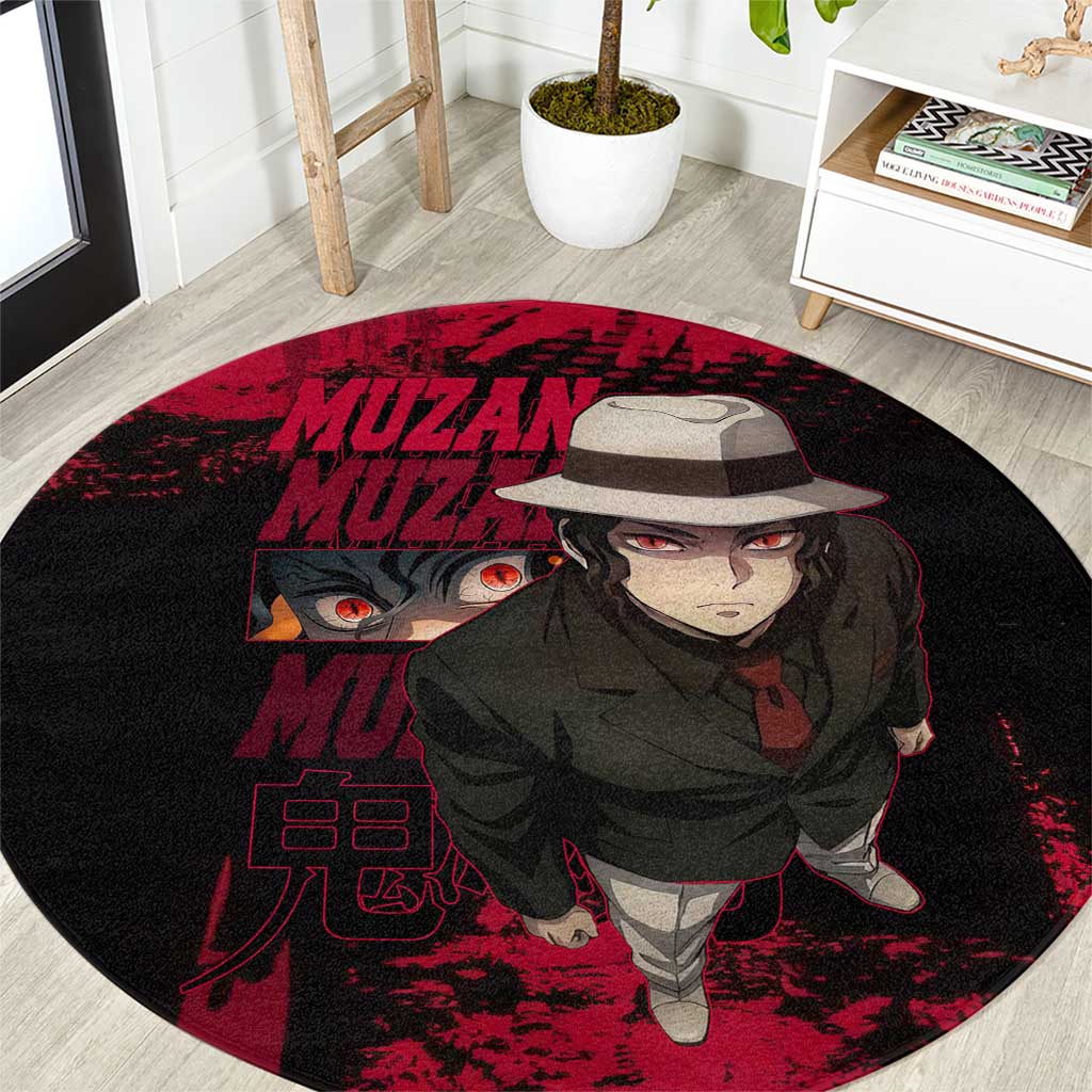 Muzan Kibutsuji Demon Slayer Red Grunge Design Round Carpet with Intense Eyes and Hat Outfit Pose - The Mazicc