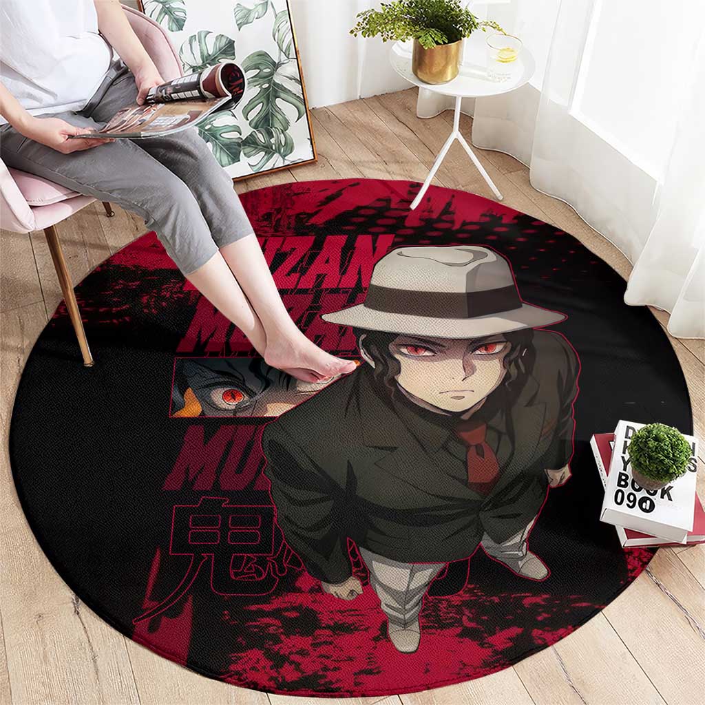Muzan Kibutsuji Demon Slayer Red Grunge Design Round Carpet with Intense Eyes and Hat Outfit Pose - The Mazicc