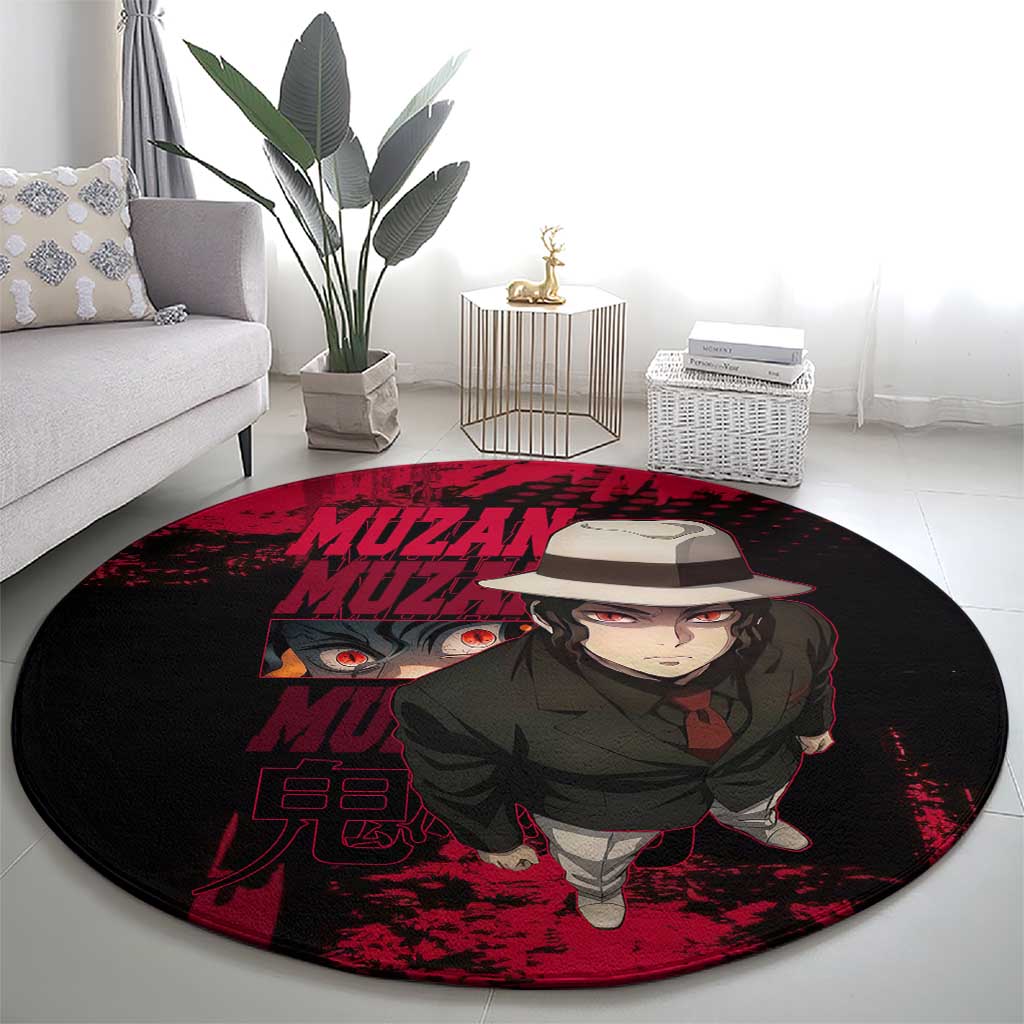 Muzan Kibutsuji Demon Slayer Red Grunge Design Round Carpet with Intense Eyes and Hat Outfit Pose - The Mazicc