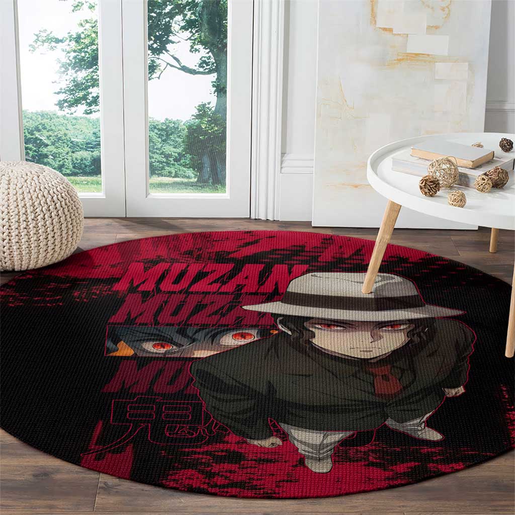 Muzan Kibutsuji Demon Slayer Red Grunge Design Round Carpet with Intense Eyes and Hat Outfit Pose - The Mazicc