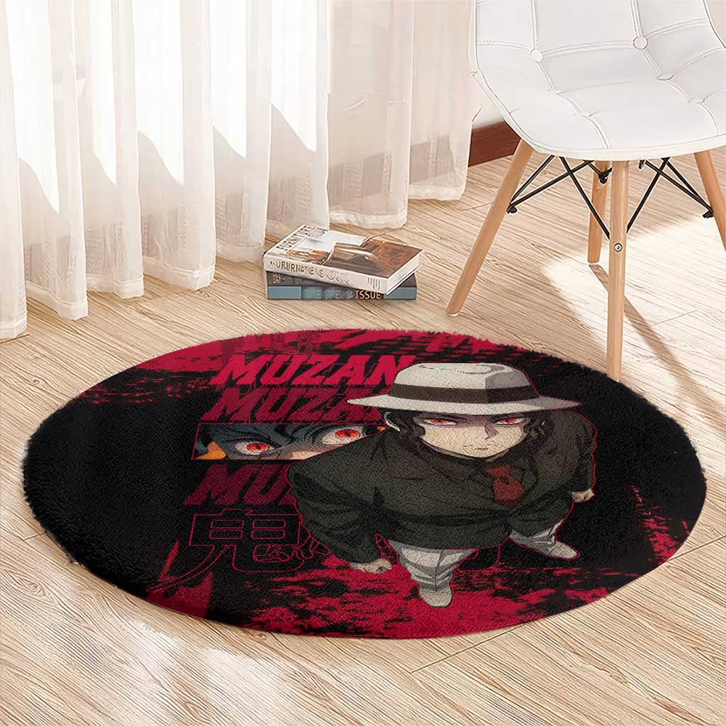 Muzan Kibutsuji Demon Slayer Red Grunge Design Round Carpet with Intense Eyes and Hat Outfit Pose - The Mazicc