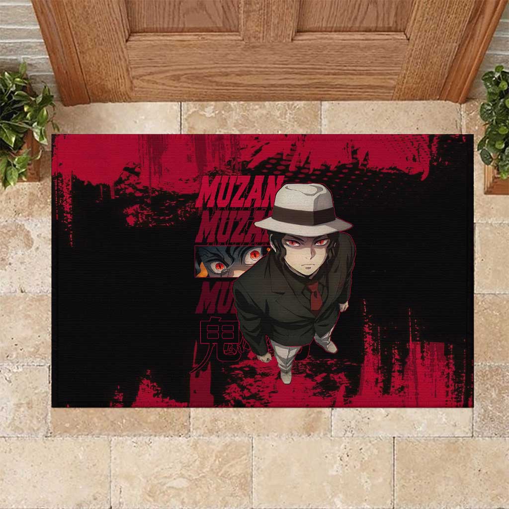 Muzan Kibutsuji Demon Slayer Red Grunge Design Rubber Doormat with Intense Eyes and Hat Outfit Pose - The Mazicc
