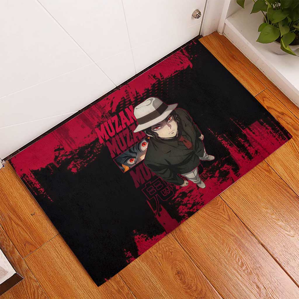 Muzan Kibutsuji Demon Slayer Red Grunge Design Rubber Doormat with Intense Eyes and Hat Outfit Pose - The Mazicc