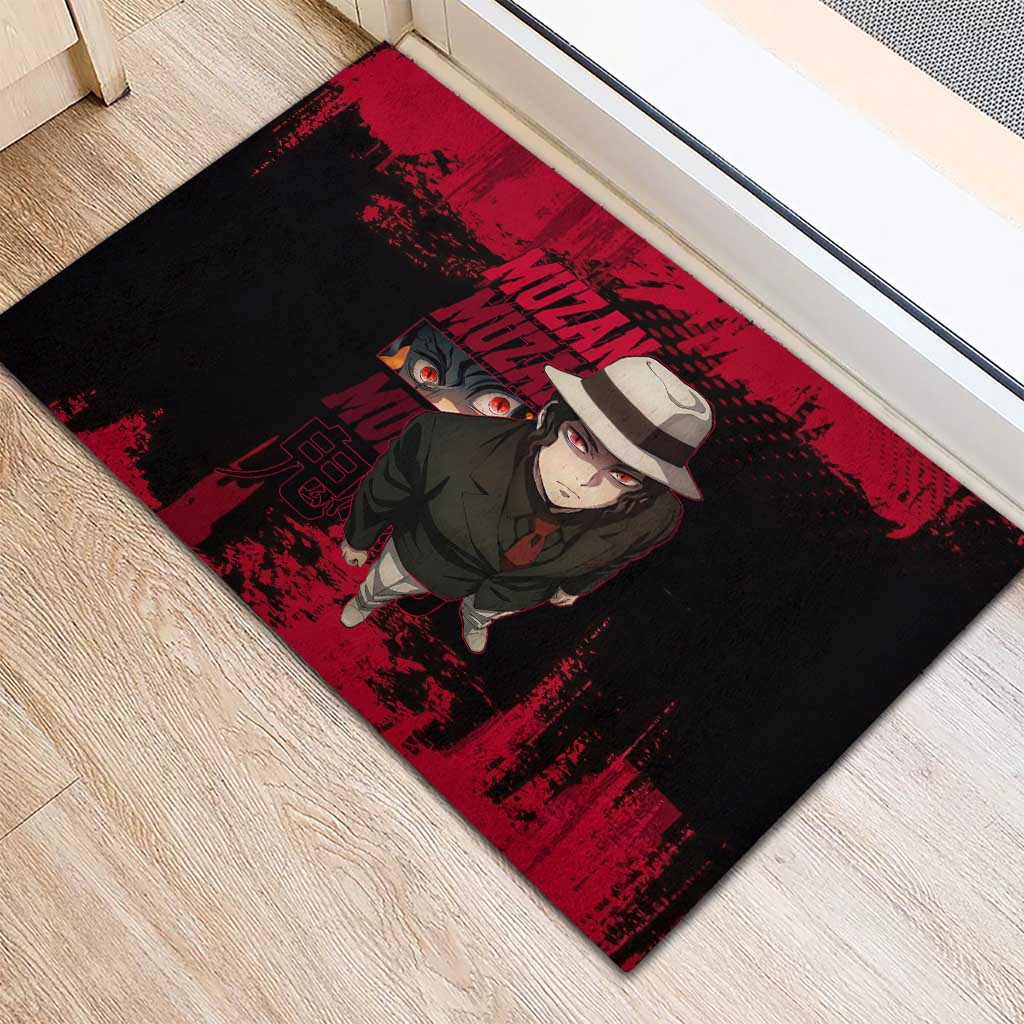 Muzan Kibutsuji Demon Slayer Red Grunge Design Rubber Doormat with Intense Eyes and Hat Outfit Pose - The Mazicc