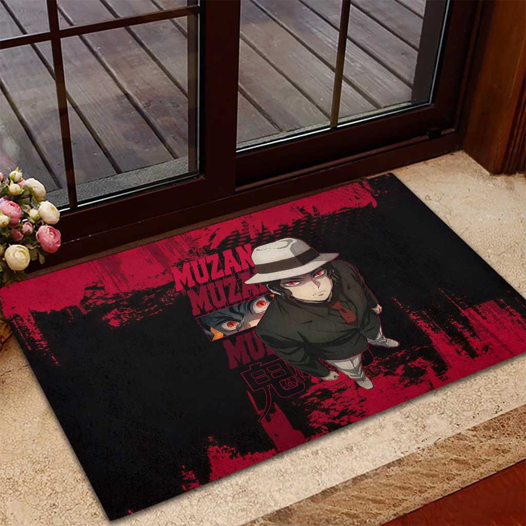 Muzan Kibutsuji Demon Slayer Red Grunge Design Rubber Doormat with Intense Eyes and Hat Outfit Pose - The Mazicc