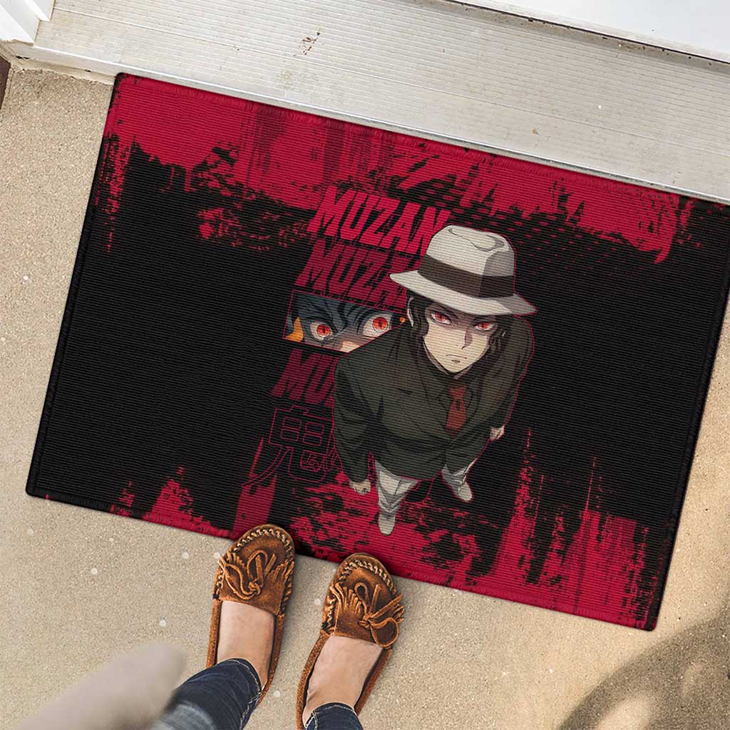 Muzan Kibutsuji Demon Slayer Red Grunge Design Rubber Doormat with Intense Eyes and Hat Outfit Pose - The Mazicc
