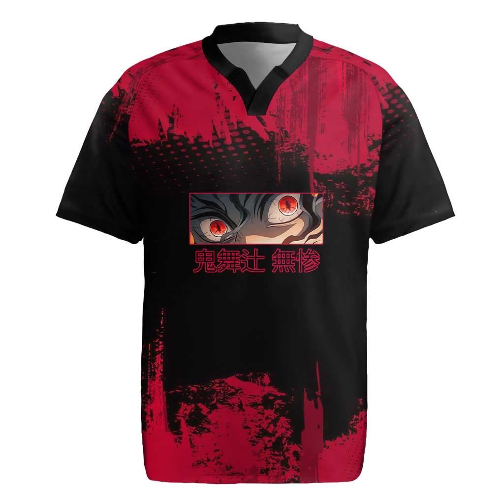 Muzan Kibutsuji Demon Slayer Red Grunge Design Rugby Jersey with Intense Eyes and Hat Outfit Pose - The Mazicc
