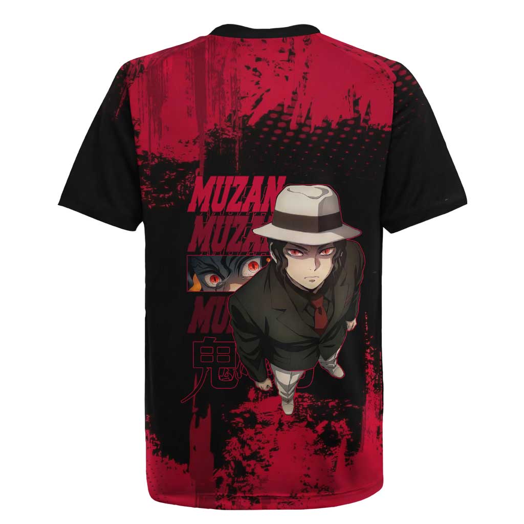 Muzan Kibutsuji Demon Slayer Red Grunge Design Rugby Jersey with Intense Eyes and Hat Outfit Pose - The Mazicc