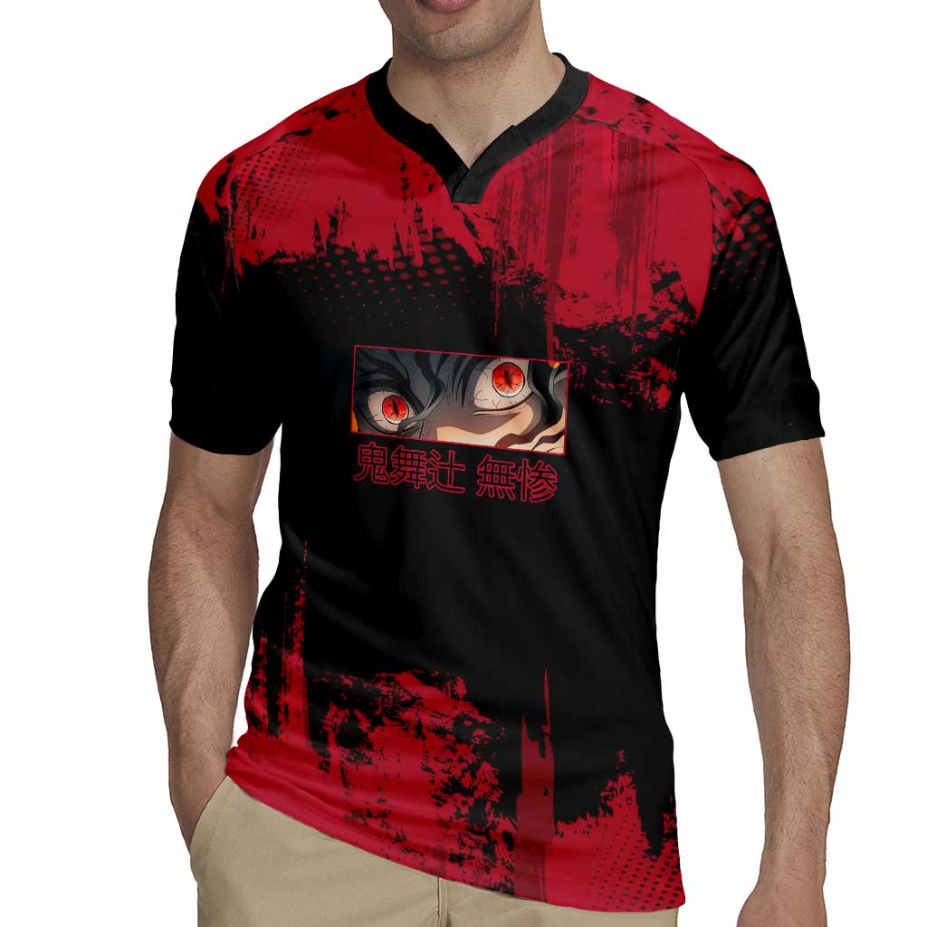 Muzan Kibutsuji Demon Slayer Red Grunge Design Rugby Jersey with Intense Eyes and Hat Outfit Pose - The Mazicc