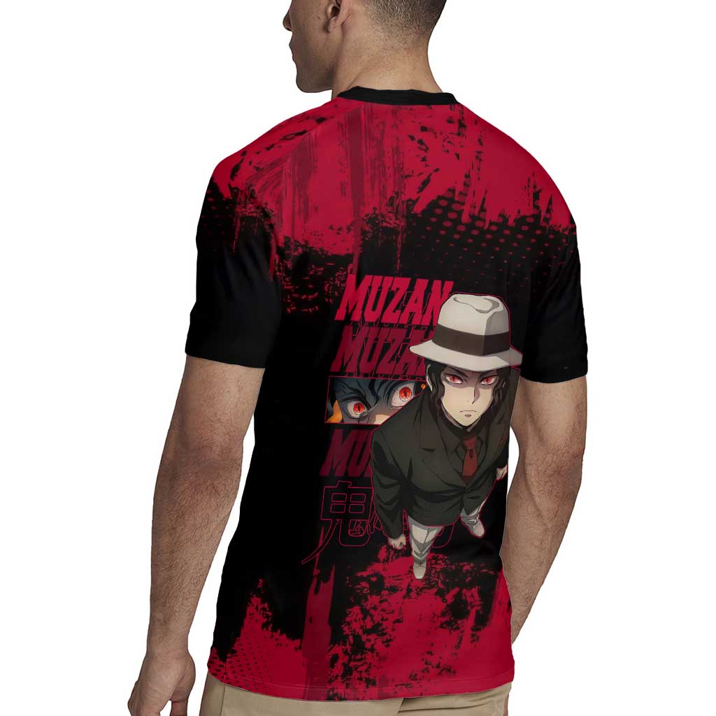 Muzan Kibutsuji Demon Slayer Red Grunge Design Rugby Jersey with Intense Eyes and Hat Outfit Pose - The Mazicc