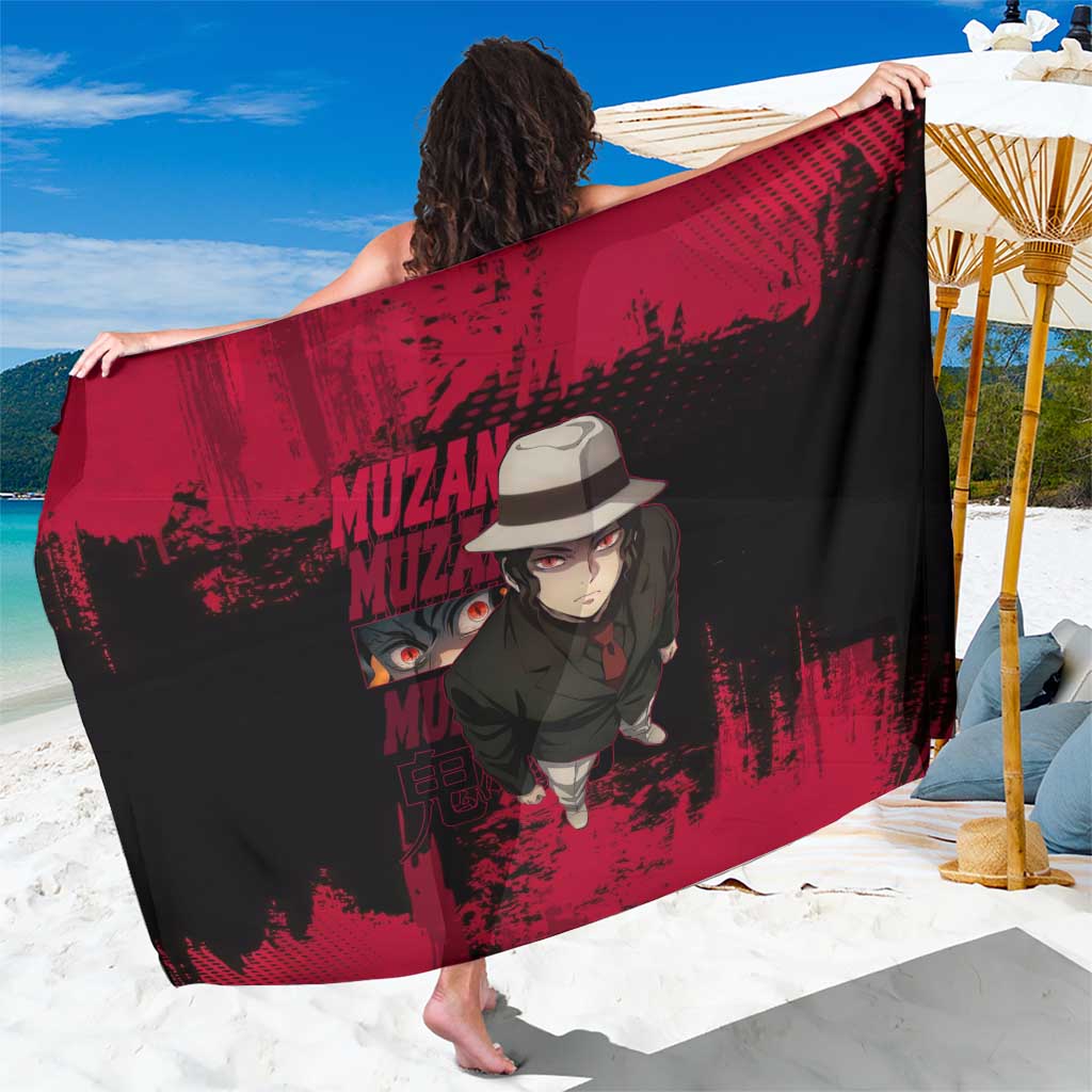 Muzan Kibutsuji Demon Slayer Red Grunge Design Sarong with Intense Eyes and Hat Outfit Pose - The Mazicc
