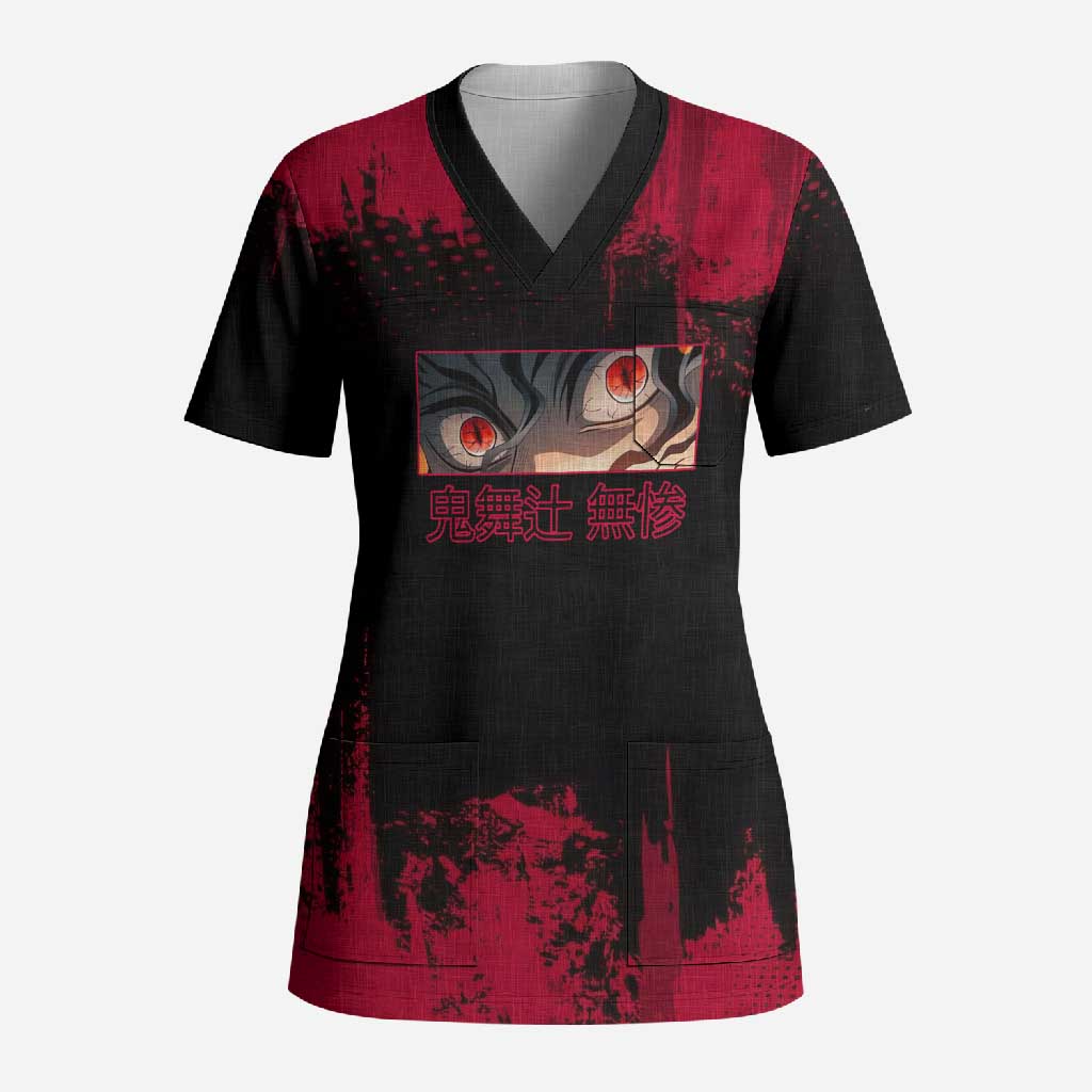 Muzan Kibutsuji Demon Slayer Red Grunge Design Scrub Top with Intense Eyes and Hat Outfit Pose - The Mazicc