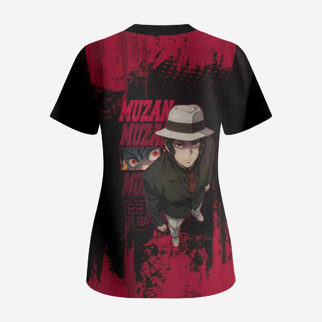 Muzan Kibutsuji Demon Slayer Red Grunge Design Scrub Top with Intense Eyes and Hat Outfit Pose - The Mazicc
