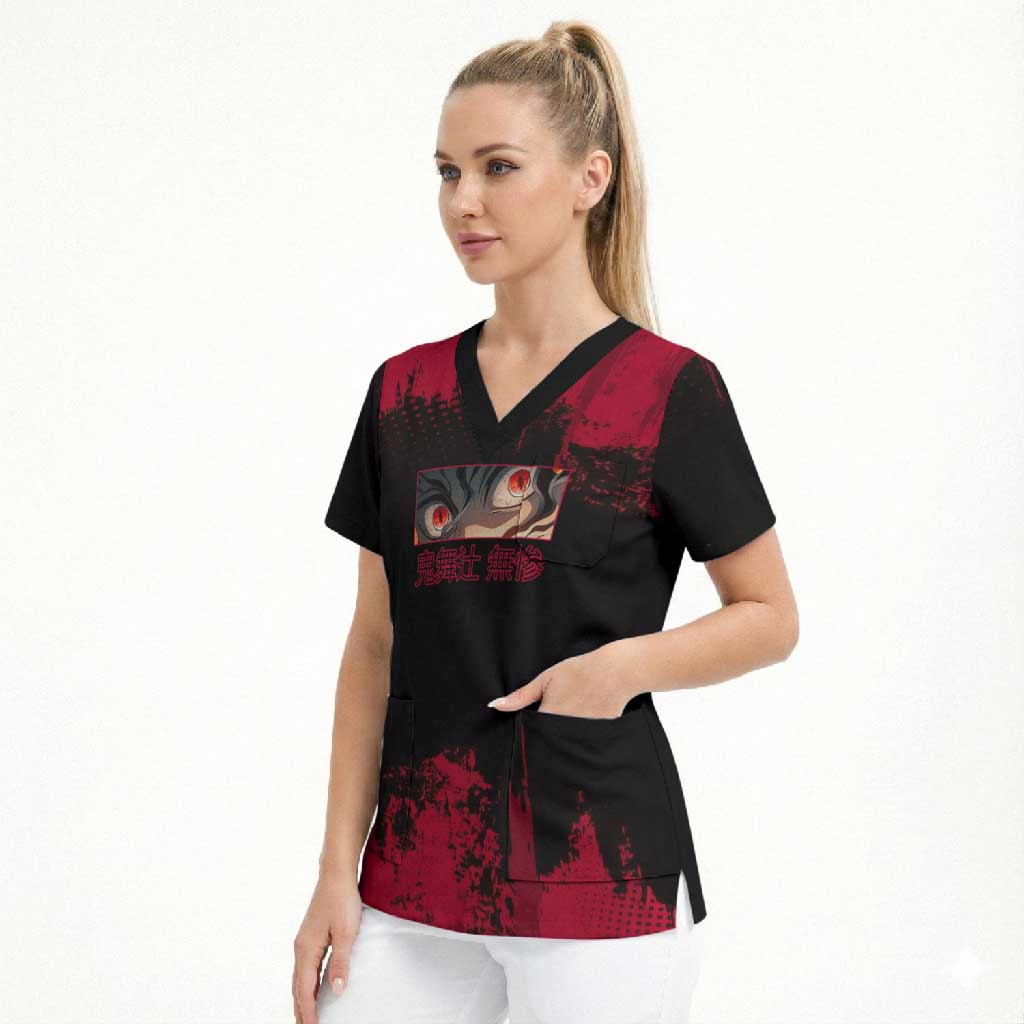 Muzan Kibutsuji Demon Slayer Red Grunge Design Scrub Top with Intense Eyes and Hat Outfit Pose - The Mazicc