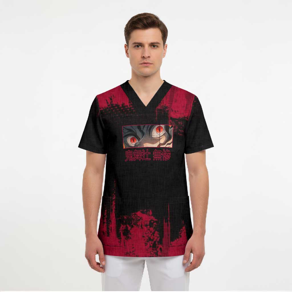 Muzan Kibutsuji Demon Slayer Red Grunge Design Scrub Top with Intense Eyes and Hat Outfit Pose - The Mazicc