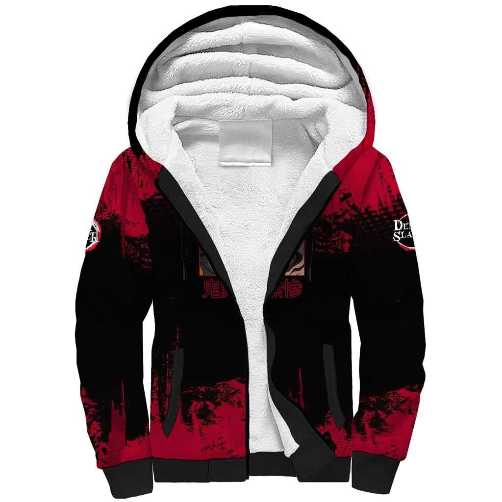 Muzan Kibutsuji Demon Slayer Red Grunge Design Sherpa Hoodie with Intense Eyes and Hat Outfit Pose - The Mazicc