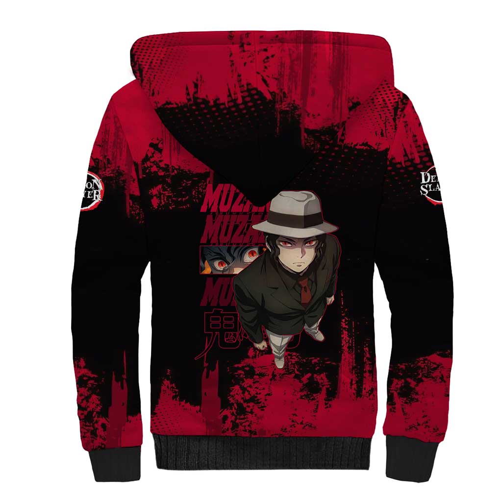 Muzan Kibutsuji Demon Slayer Red Grunge Design Sherpa Hoodie with Intense Eyes and Hat Outfit Pose - The Mazicc