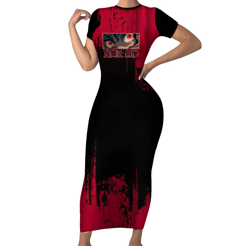 Muzan Kibutsuji Demon Slayer Red Grunge Design Short Sleeve Bodycon Dress with Intense Eyes and Hat Outfit Pose - The Mazicc