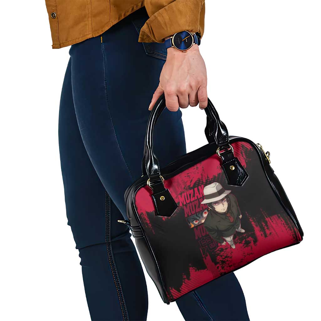 Muzan Kibutsuji Demon Slayer Red Grunge Design Shoulder Handbag with Intense Eyes and Hat Outfit Pose - The Mazicc