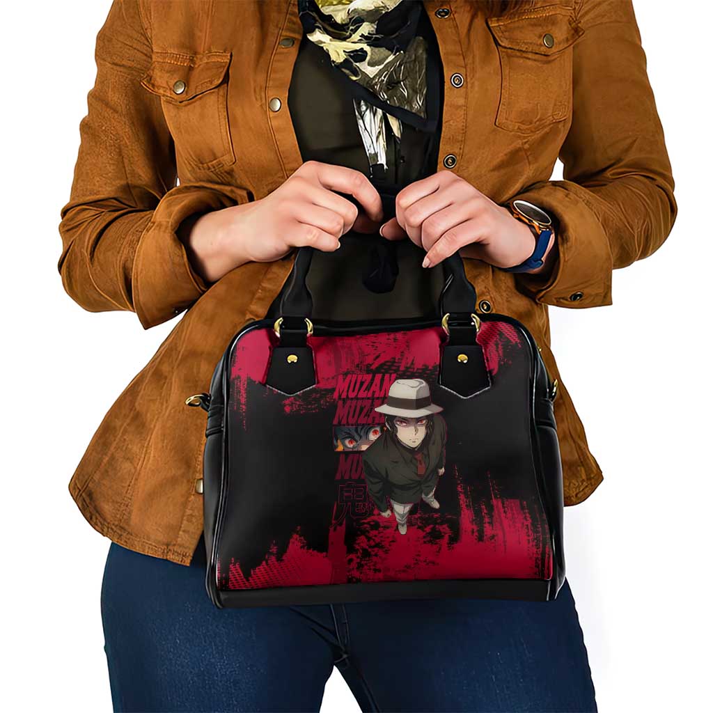 Muzan Kibutsuji Demon Slayer Red Grunge Design Shoulder Handbag with Intense Eyes and Hat Outfit Pose - The Mazicc