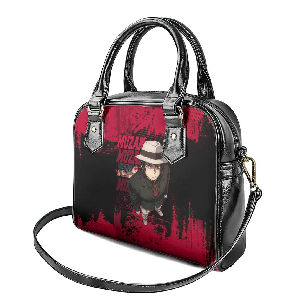 Muzan Kibutsuji Demon Slayer Red Grunge Design Shoulder Handbag with Intense Eyes and Hat Outfit Pose - The Mazicc