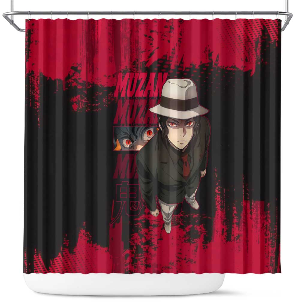 Muzan Kibutsuji Demon Slayer Red Grunge Design Shower Curtain with Intense Eyes and Hat Outfit Pose - The Mazicc