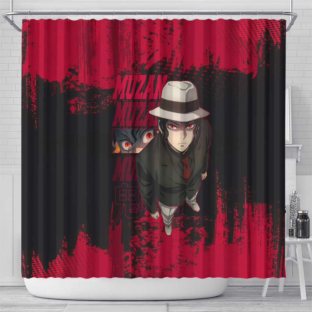Muzan Kibutsuji Demon Slayer Red Grunge Design Shower Curtain with Intense Eyes and Hat Outfit Pose - The Mazicc