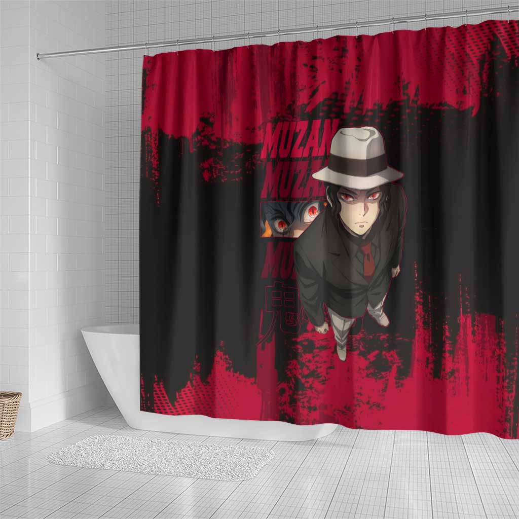 Muzan Kibutsuji Demon Slayer Red Grunge Design Shower Curtain with Intense Eyes and Hat Outfit Pose - The Mazicc
