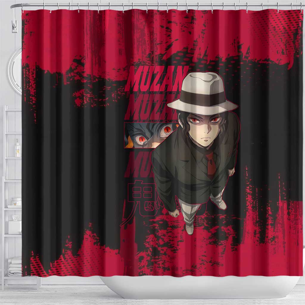 Muzan Kibutsuji Demon Slayer Red Grunge Design Shower Curtain with Intense Eyes and Hat Outfit Pose - The Mazicc
