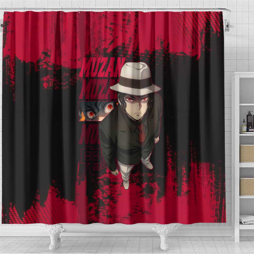 Muzan Kibutsuji Demon Slayer Red Grunge Design Shower Curtain with Intense Eyes and Hat Outfit Pose - The Mazicc