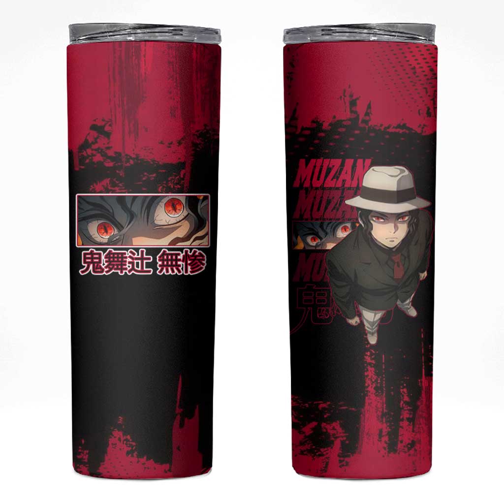 Muzan Kibutsuji Demon Slayer Red Grunge Design Skinny Tumbler with Intense Eyes and Hat Outfit Pose - The Mazicc
