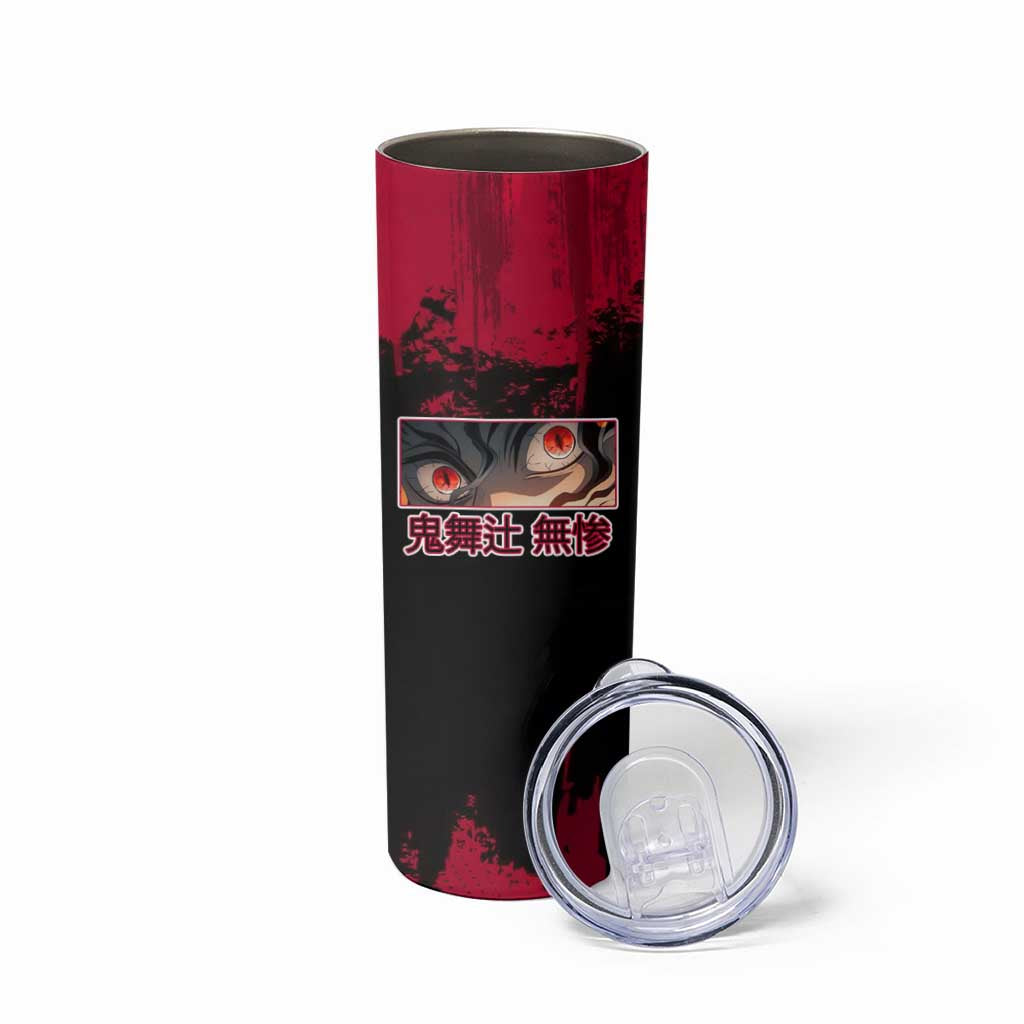 Muzan Kibutsuji Demon Slayer Red Grunge Design Skinny Tumbler with Intense Eyes and Hat Outfit Pose - The Mazicc