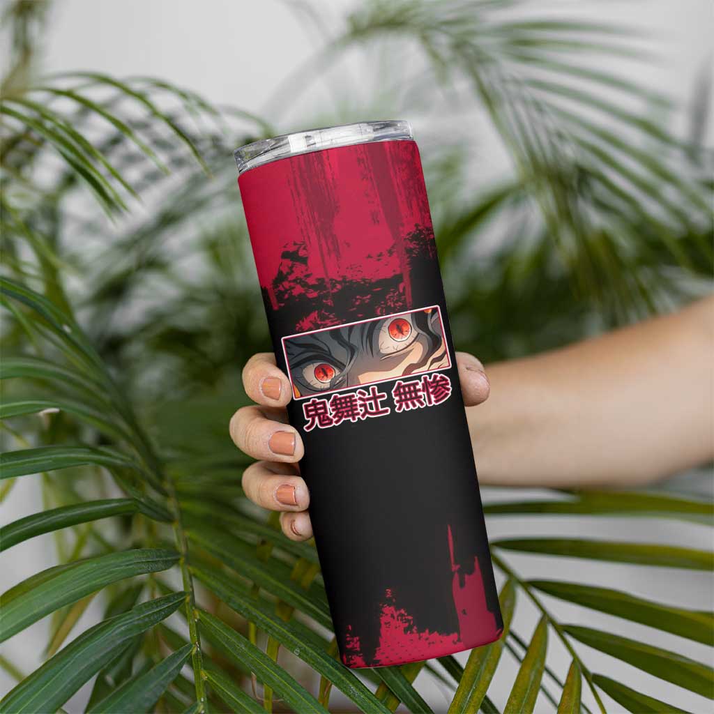 Muzan Kibutsuji Demon Slayer Red Grunge Design Skinny Tumbler with Intense Eyes and Hat Outfit Pose - The Mazicc