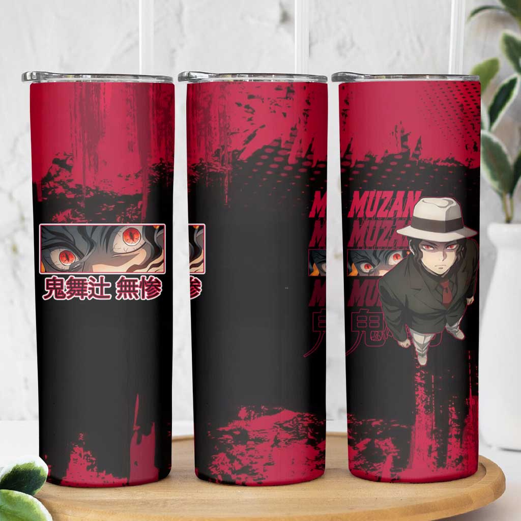 Muzan Kibutsuji Demon Slayer Red Grunge Design Skinny Tumbler with Intense Eyes and Hat Outfit Pose - The Mazicc