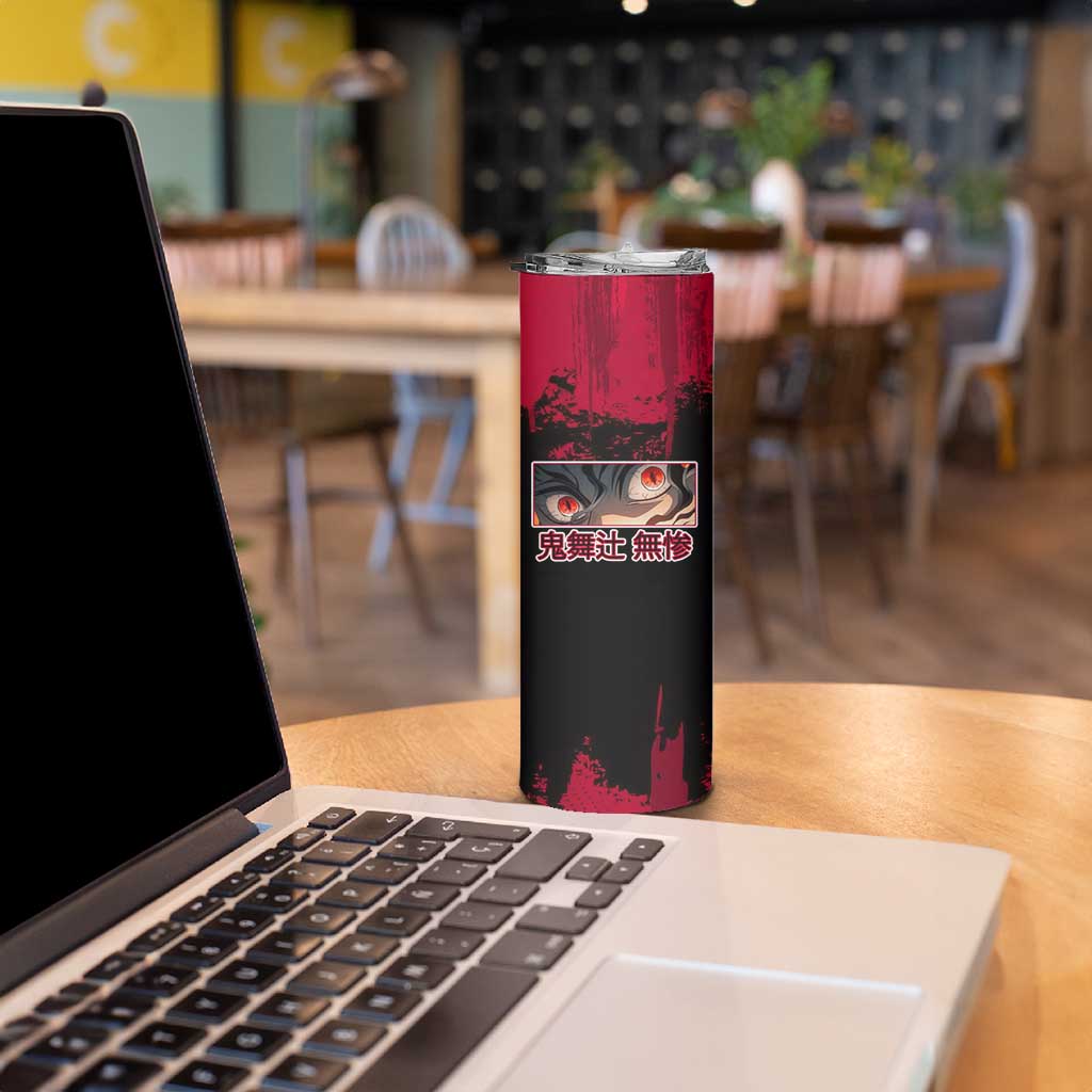Muzan Kibutsuji Demon Slayer Red Grunge Design Skinny Tumbler with Intense Eyes and Hat Outfit Pose - The Mazicc