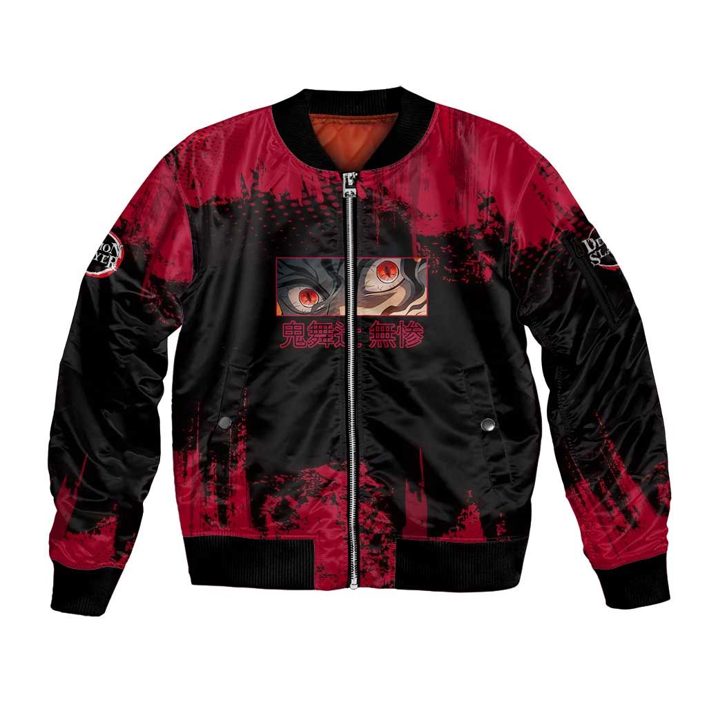 Muzan Kibutsuji Demon Slayer Red Grunge Design Sleeve Zip Bomber Jacket with Intense Eyes and Hat Outfit Pose - The Mazicc