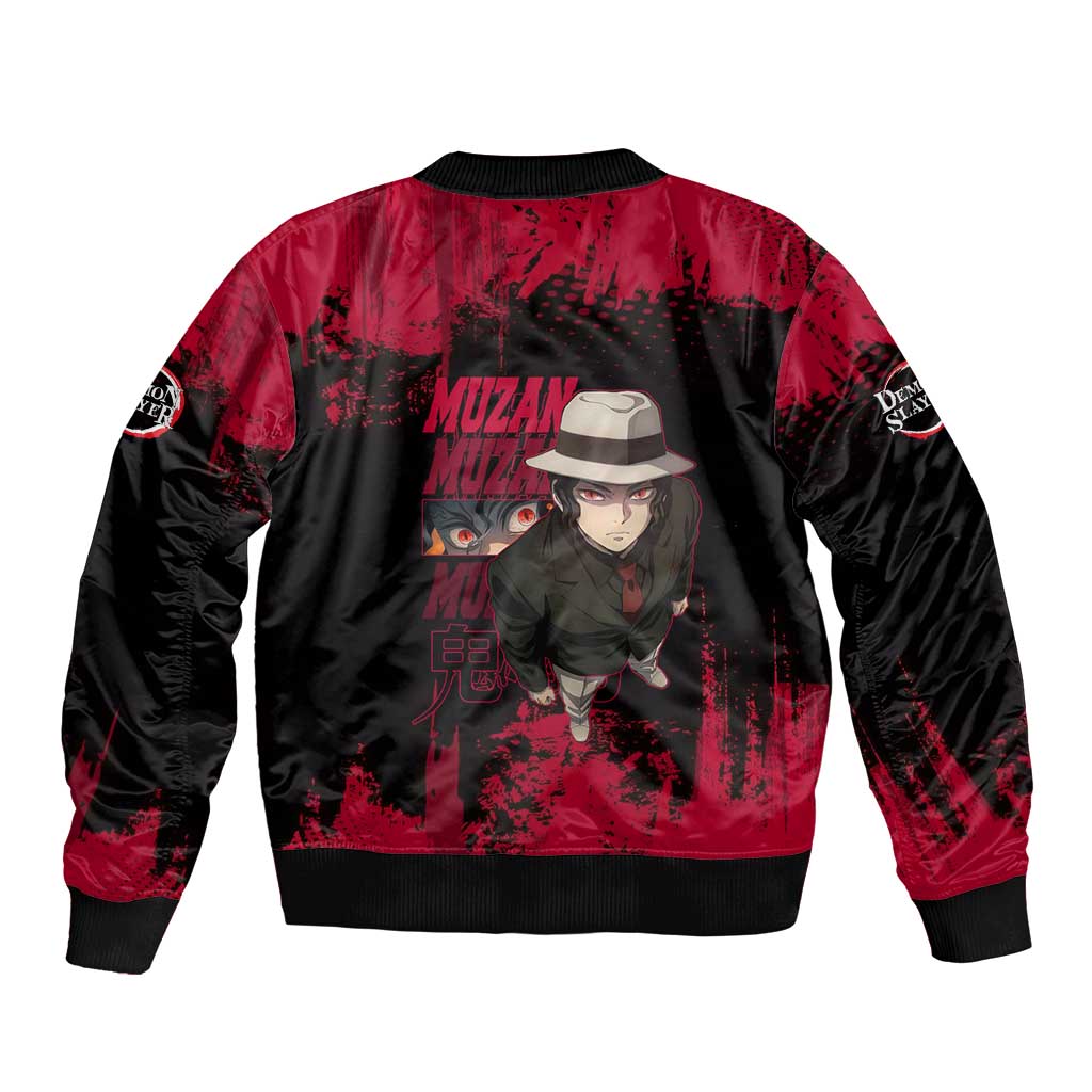 Muzan Kibutsuji Demon Slayer Red Grunge Design Sleeve Zip Bomber Jacket with Intense Eyes and Hat Outfit Pose - The Mazicc