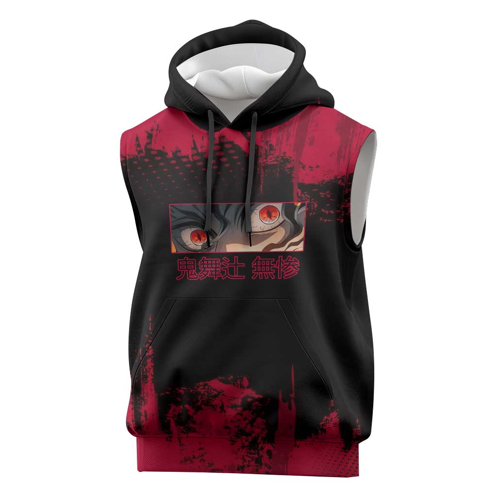 Muzan Kibutsuji Demon Slayer Red Grunge Design Sleeveless Hoodie with Intense Eyes and Hat Outfit Pose - The Mazicc
