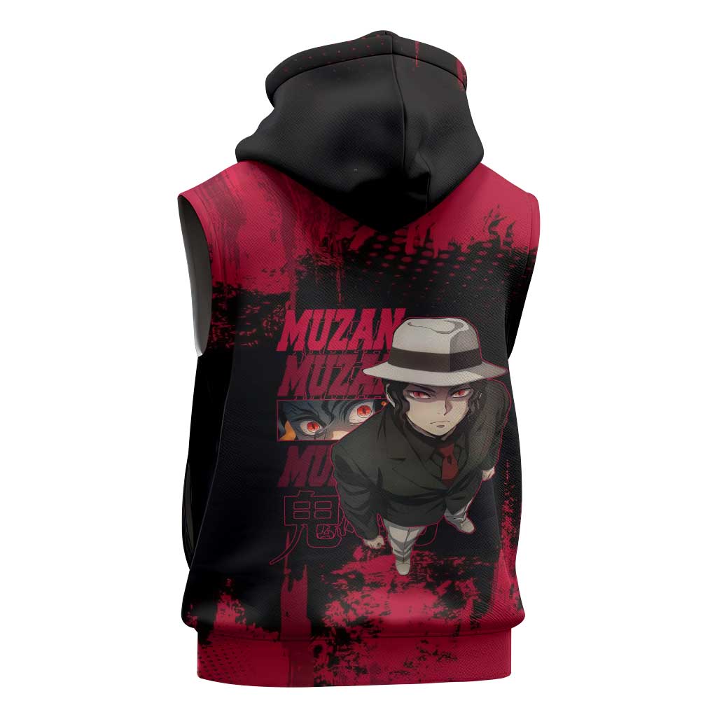 Muzan Kibutsuji Demon Slayer Red Grunge Design Sleeveless Hoodie with Intense Eyes and Hat Outfit Pose - The Mazicc