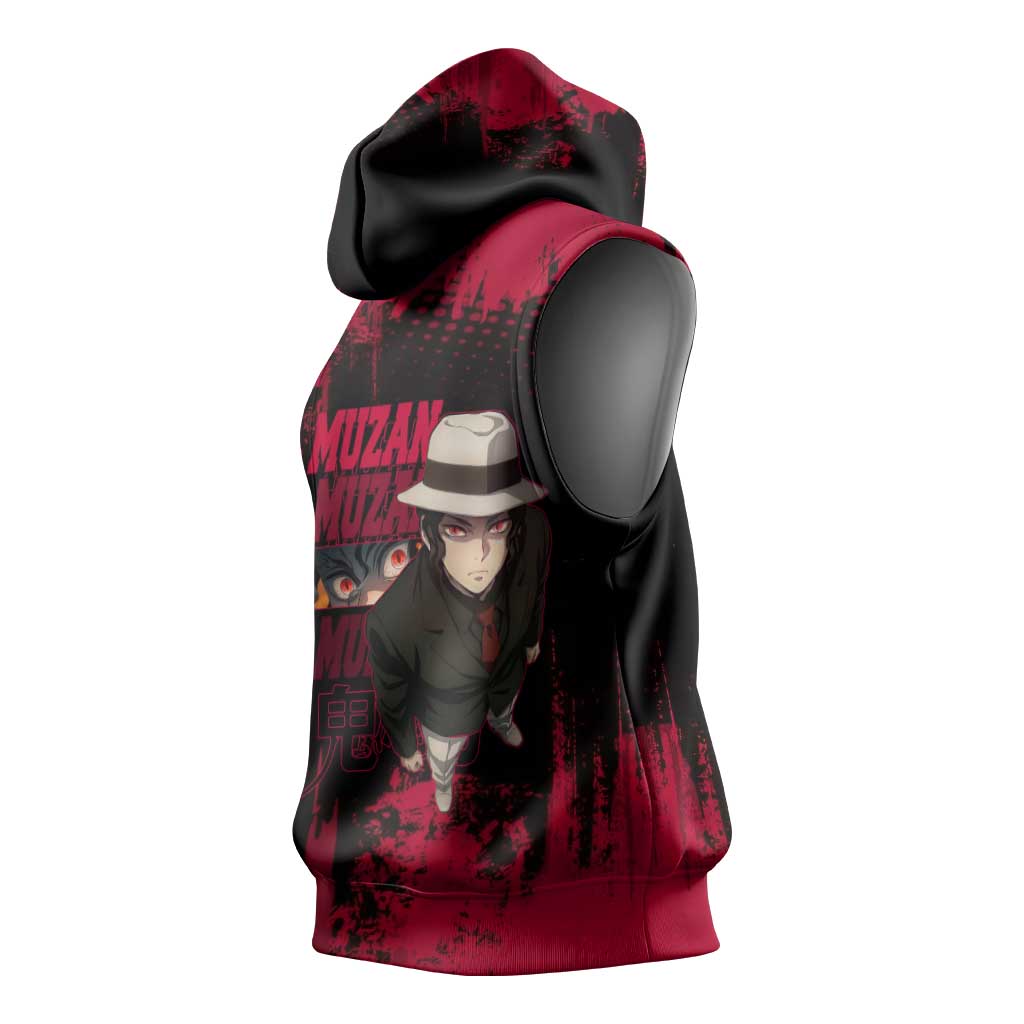 Muzan Kibutsuji Demon Slayer Red Grunge Design Sleeveless Hoodie with Intense Eyes and Hat Outfit Pose - The Mazicc