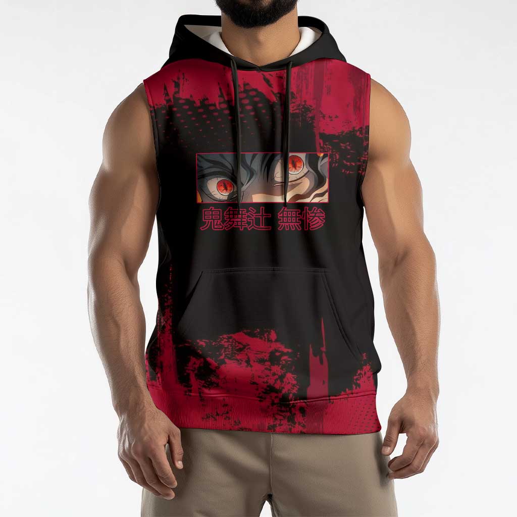 Muzan Kibutsuji Demon Slayer Red Grunge Design Sleeveless Hoodie with Intense Eyes and Hat Outfit Pose - The Mazicc