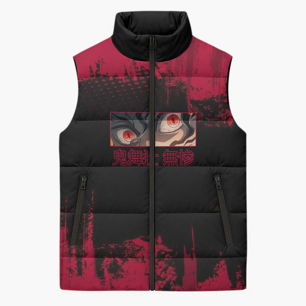 Muzan Kibutsuji Demon Slayer Red Grunge Design Sleeveless Puffer Jacket with Intense Eyes and Hat Outfit Pose - The Mazicc