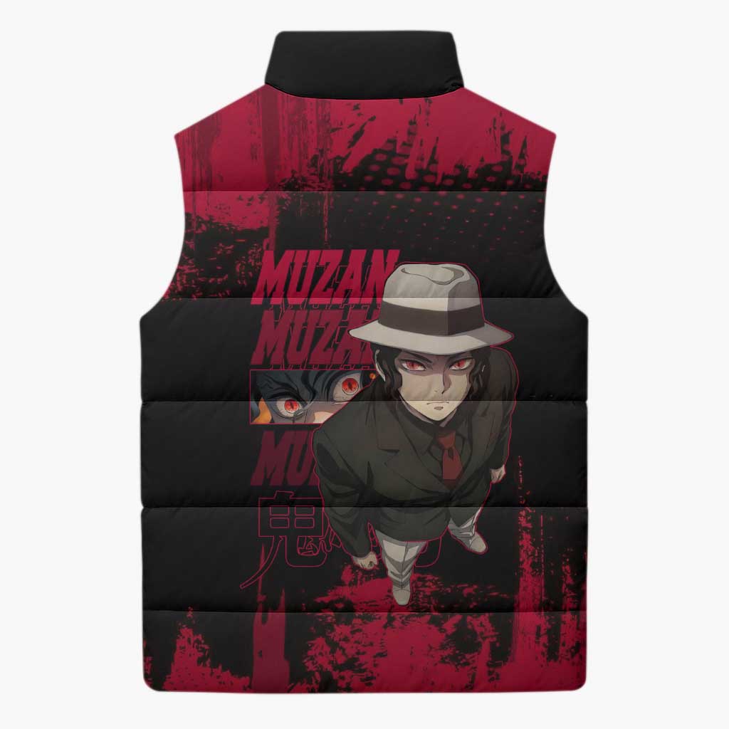 Muzan Kibutsuji Demon Slayer Red Grunge Design Sleeveless Puffer Jacket with Intense Eyes and Hat Outfit Pose - The Mazicc