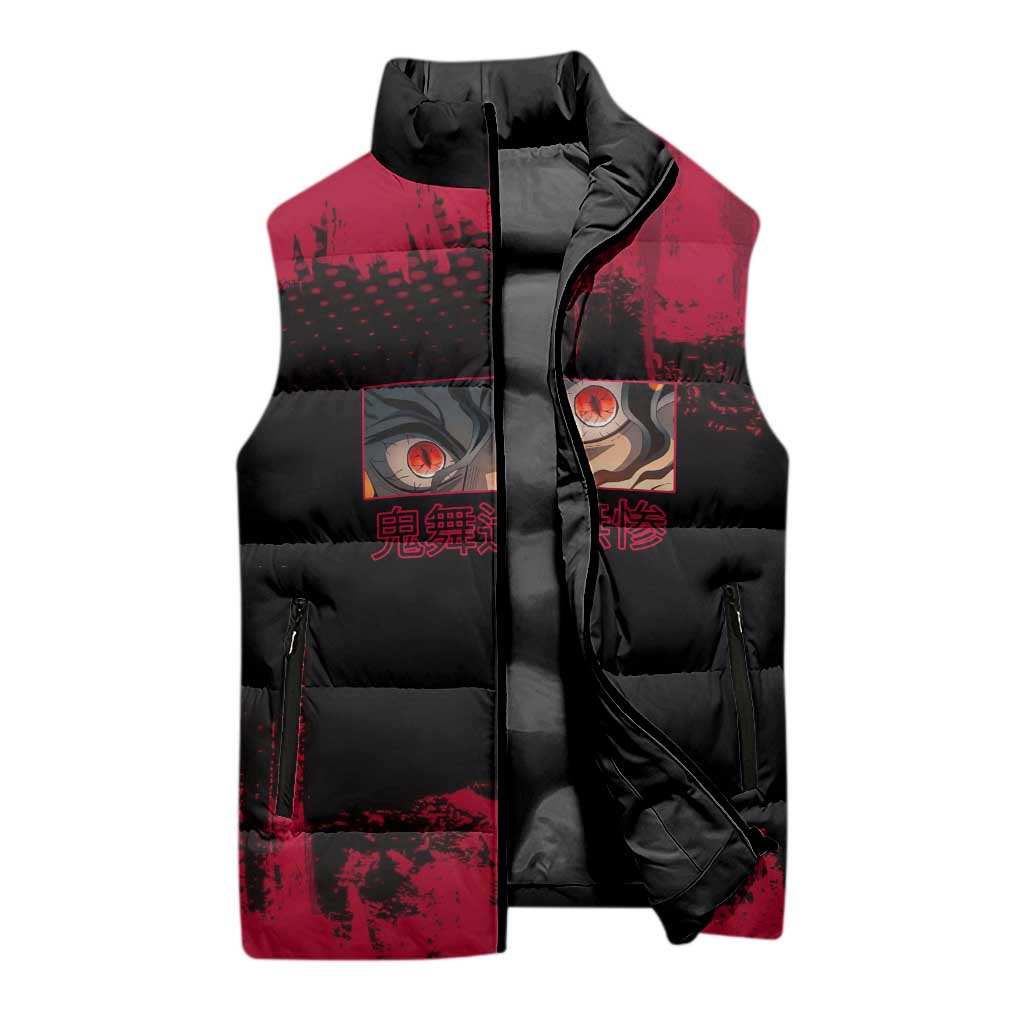 Muzan Kibutsuji Demon Slayer Red Grunge Design Sleeveless Puffer Jacket with Intense Eyes and Hat Outfit Pose - The Mazicc