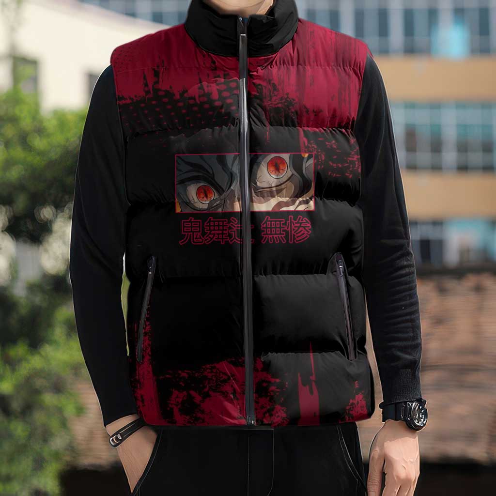 Muzan Kibutsuji Demon Slayer Red Grunge Design Sleeveless Puffer Jacket with Intense Eyes and Hat Outfit Pose - The Mazicc