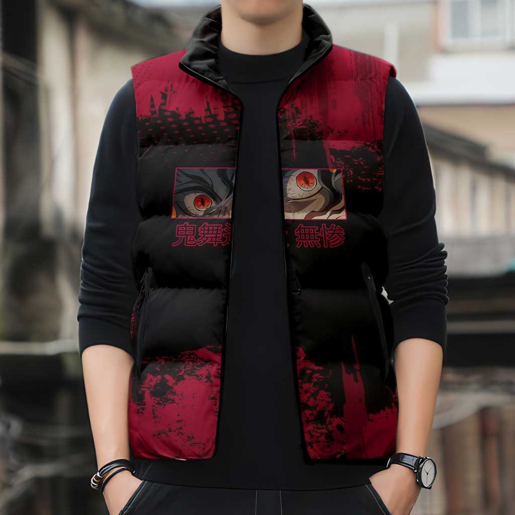 Muzan Kibutsuji Demon Slayer Red Grunge Design Sleeveless Puffer Jacket with Intense Eyes and Hat Outfit Pose - The Mazicc