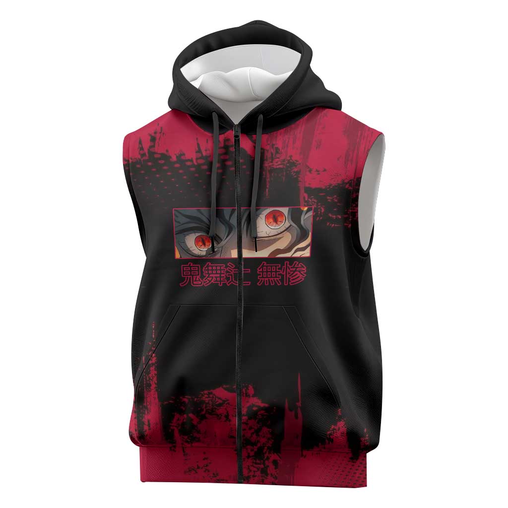 Muzan Kibutsuji Demon Slayer Red Grunge Design Sleeveless Zip Hoodie with Intense Eyes and Hat Outfit Pose - The Mazicc